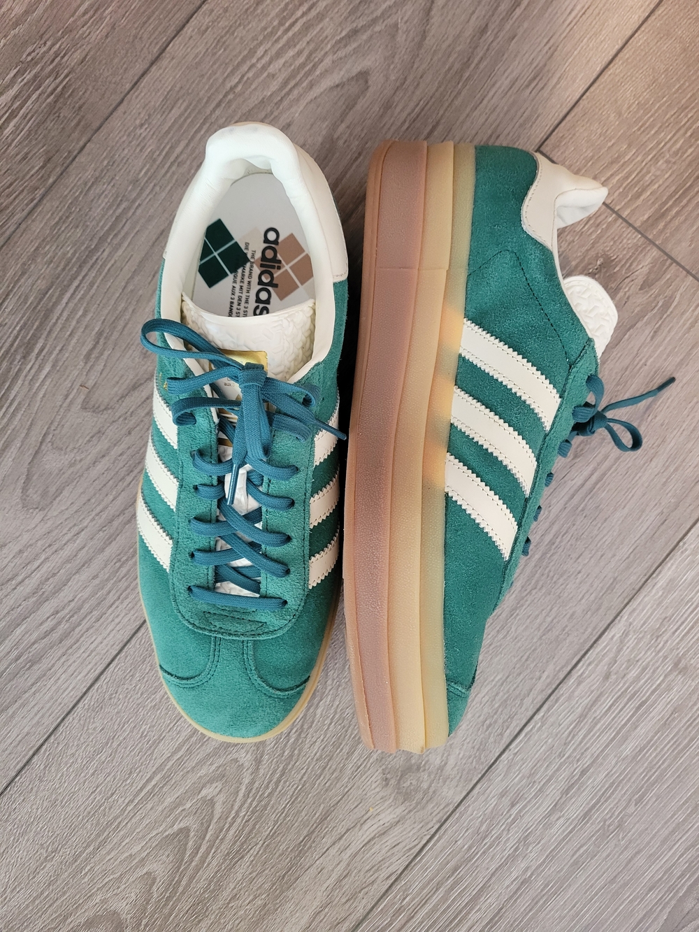 adidas Gazelle Platform Sneakers Green with Cream Stripes - Picture 3 of 5